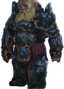 A dwarf wearing black ice armor.