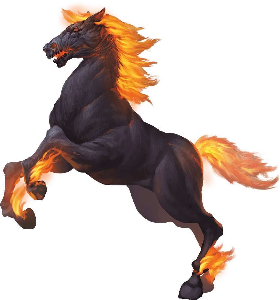 A dark horse with flames for a mane and tail.
