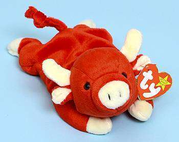 Beanie Baby Snort the Bull on a baby blue background.