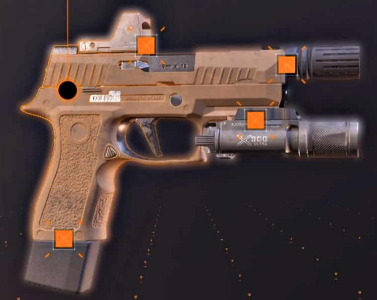 Screenshot of a pistol with a rifle muzzle from The Division.