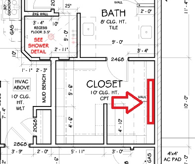 Gun Closet House blueprints showing where I planned to work the gun closet in.