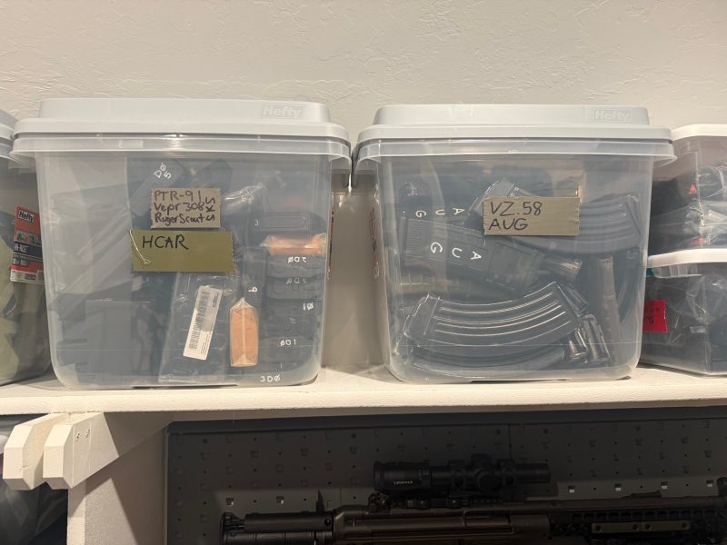Gun Closet Magazines labeled and separated.