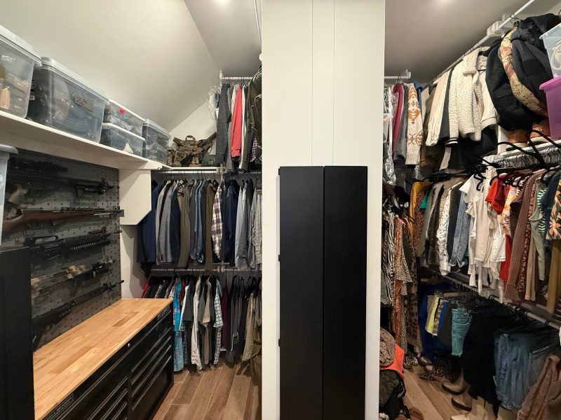 Gun Closet The entire closet with my half as both clothes storage and gun room.