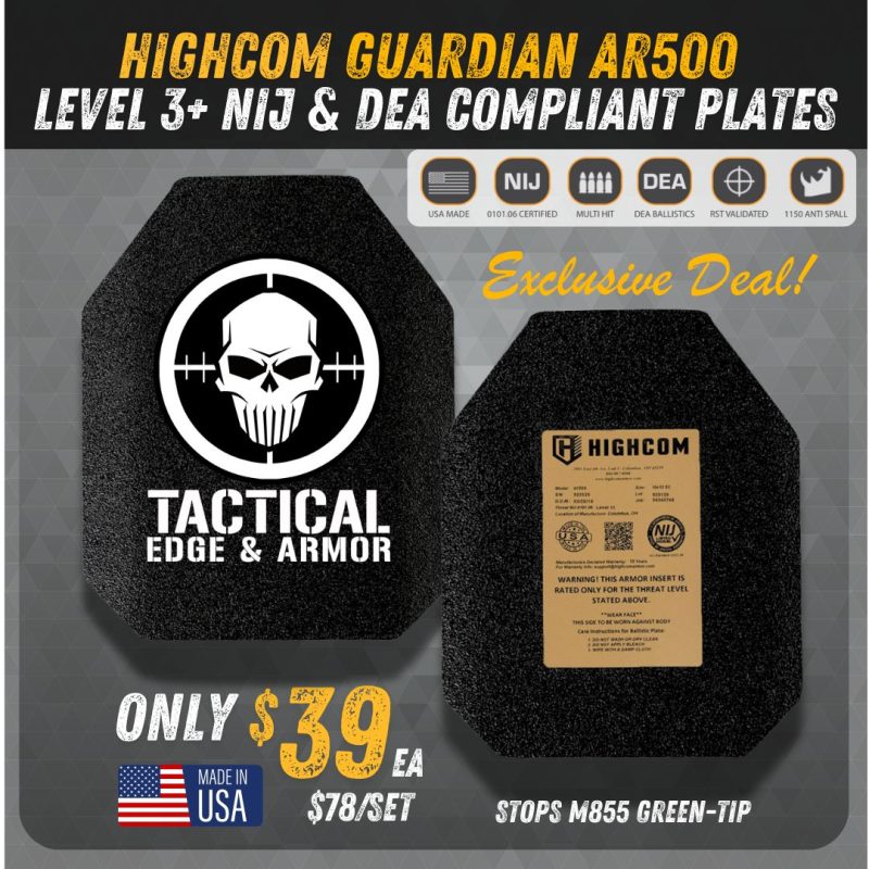 Two AR500 Level III+ plates on display to show a promotion by Tactical Edge & Armor selling plates for $39 each. 
