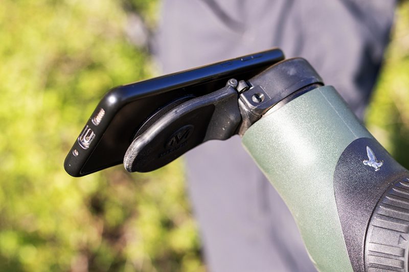 Close-up of an iPhone mounted to a spotting scope utilizing the S1 Spotting Scope Mount from Magview. 