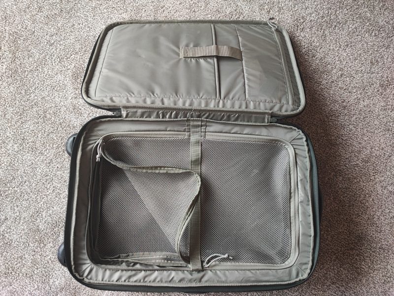 The garment area has a padded laptop sleeve and a mesh area to store some additional clean or dirty clothes depending on how you use it.