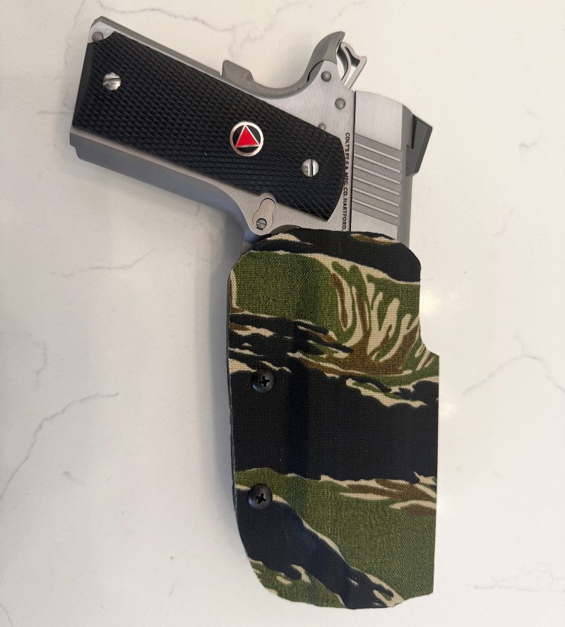 Tiger stripe camo pattern holster for 1911 using pre-cut Cordura wraps from HolsterSmith. 