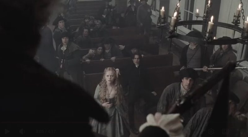 baltus van tassel brandishes a blunderbuss while his daughter, katrina, looks on. 