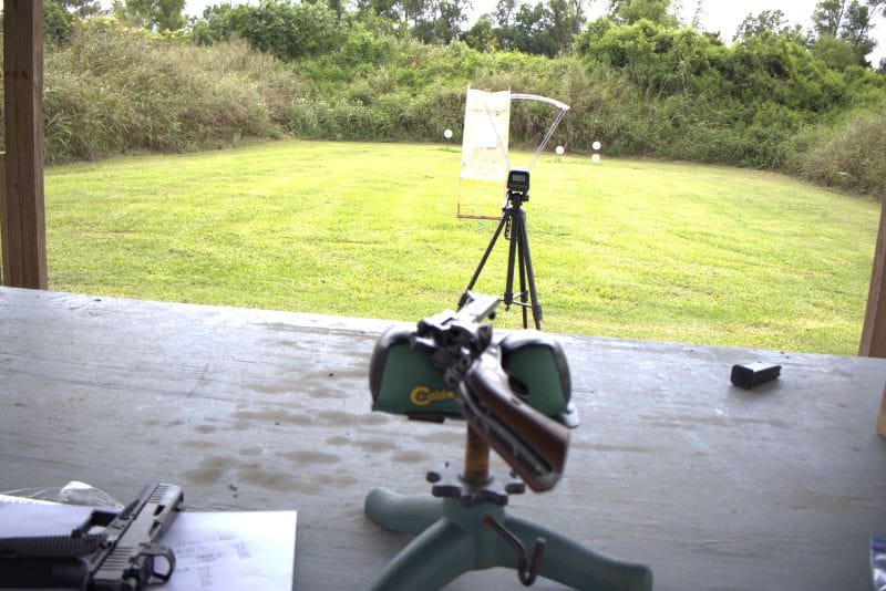 wet ammo velocity test with a chronograph and pistols from a rest