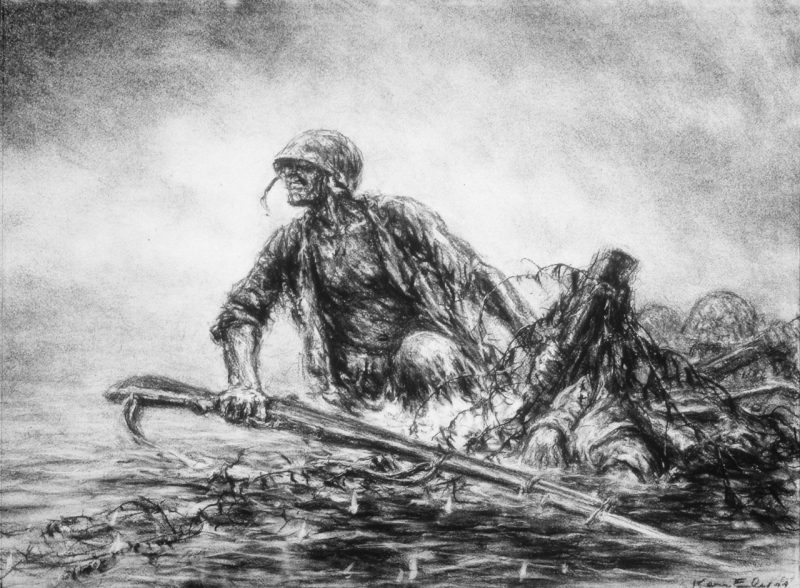 Bullets and Barbed Wire, a charcoal and paper drawing by Kerr Eby depicting a marine wading ashore at Tarawa.