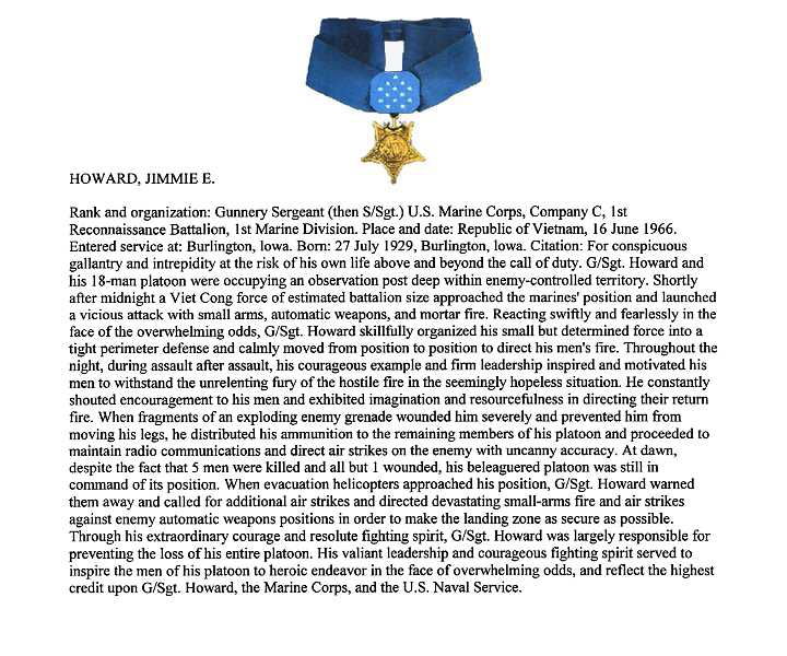 The citation to accompany the award for SSgt Jimmie E. Howard's Medal of Honor