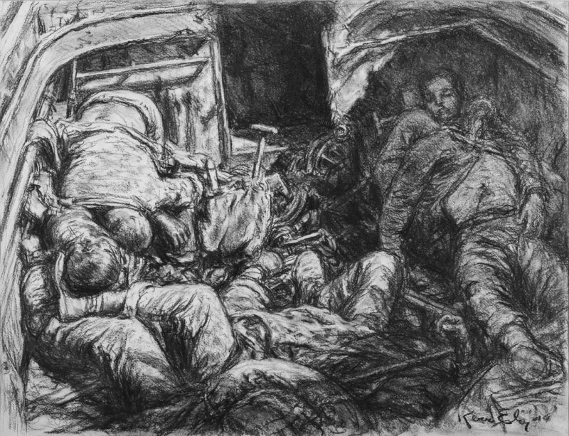 Combat artist's depiction of the inside of an amtrac struck by a Japanese mortar. 