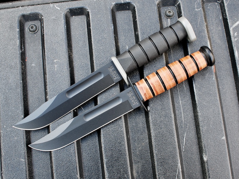 Though the blades look similar, one is 1095 and the other is D2. Both will hold their edges well, but the D2 is easier not as easy to sharpen.