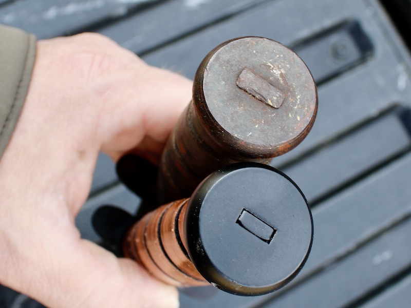 The old MK2 is peened. The new USMC Ka-Bar is pinned. 