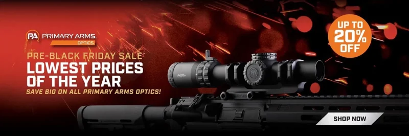 Primary Arms Black Friday sale banner featuring optics and tactical gear