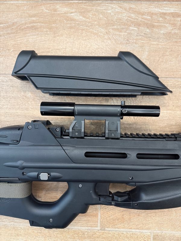 FS2000 with the enormous optic hood removed, revealing the tiny factory optic.