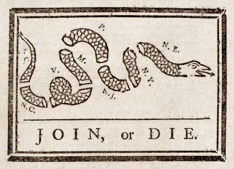 Benjamin Franklin’s original Join or Die woodcut. This is where the no step on snek meaning comes from. 
