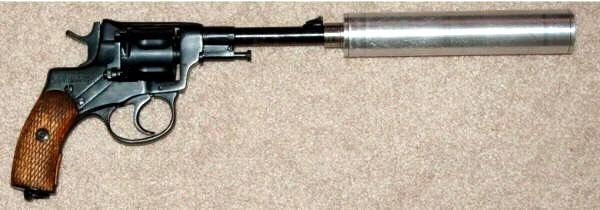 It's a suppressed revolver, but not an internally suppressed one: this one's a Nagant fitted with a homemade can.