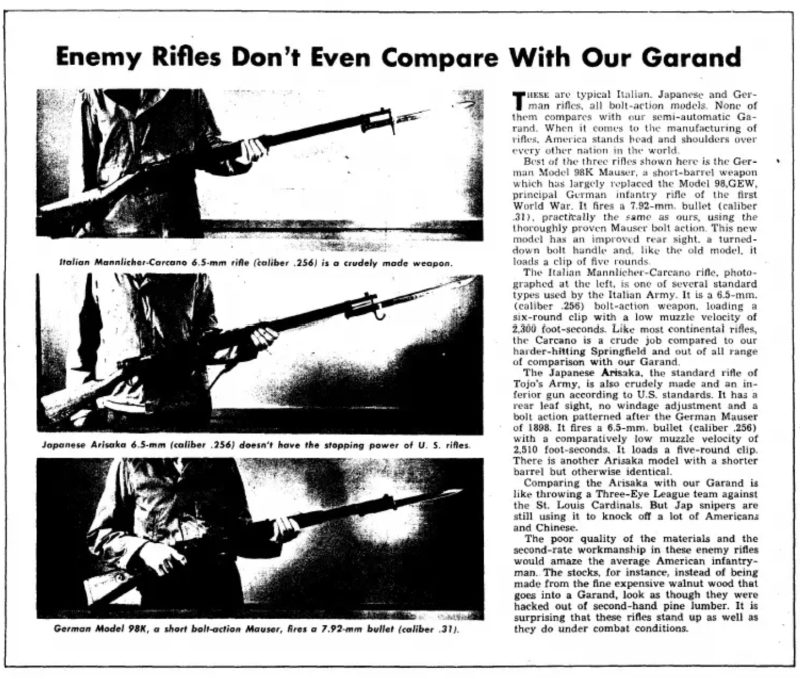 An article on the Garand rifle vs those of the Axis powers, Yank magazine, May 1943.