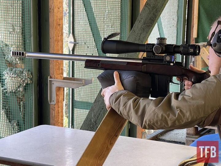 The SG Pulse will blend in on almost any rifle, especially here on a Spuhr mount. The shooter is using a support bag from Armageddon Gear, which really transforms an awkward position like this into something very stable.