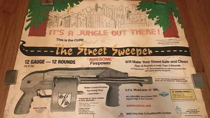 street sweeping with the armsel striker, RIAC A period advertisement promoting the Street Sweeper shotgun for sale There are two 18 inch barrel Street Sweepers Lot 1589 and Lot 1599 in Rock Island Auction Company s May 13 15 Premier Auction