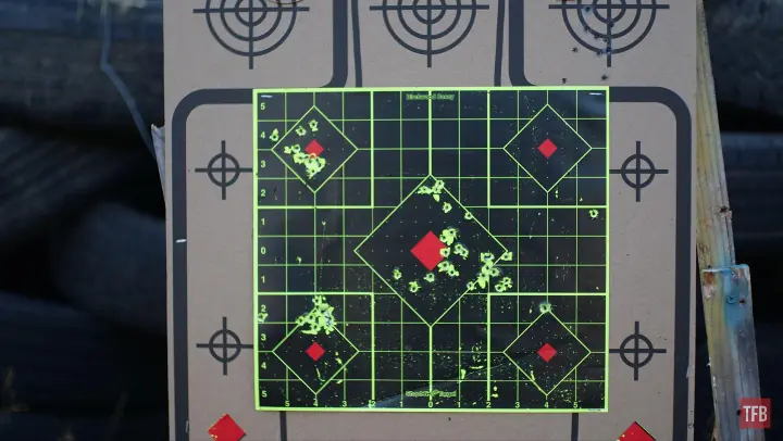 Various Groups with the Ammo. The most accurate was through a 10/22 sporter, which produced the group in the bottom left at 25 yards using a red dot. A close second was the Agnstadt Arms/CMMG Mk 4